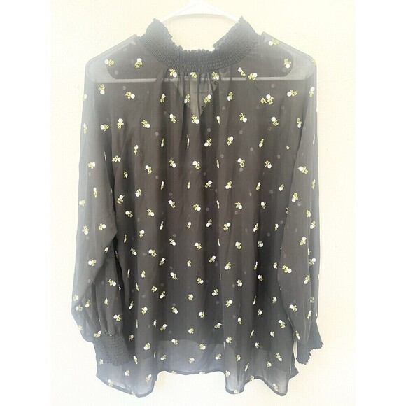 CABI #5338 Black Sheer Floral Embroiderd 3/4 Sleeve High Neck Top SIZE Small - Picture 10 of 11